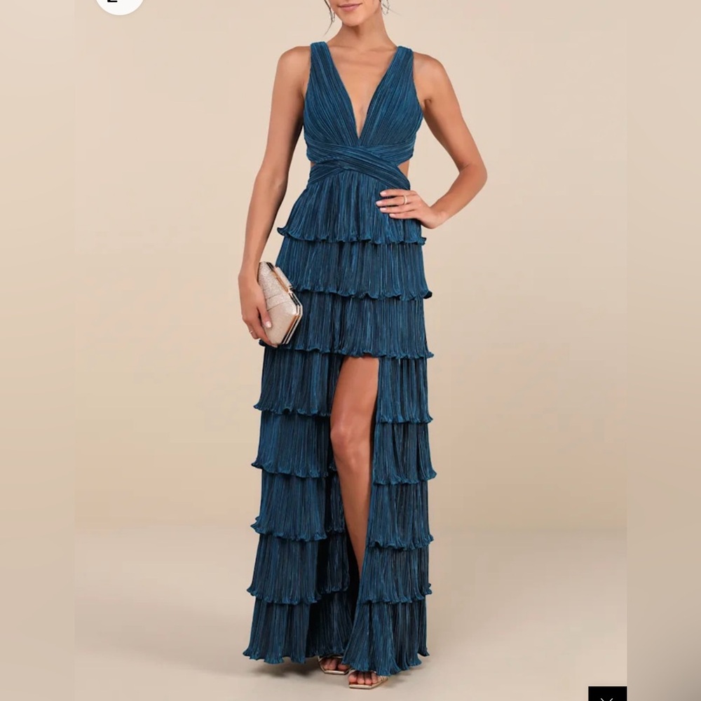 Lulus Beauty Icon Dark Teal Satin Pleated Tiered Lace-Up Maxi Dreds